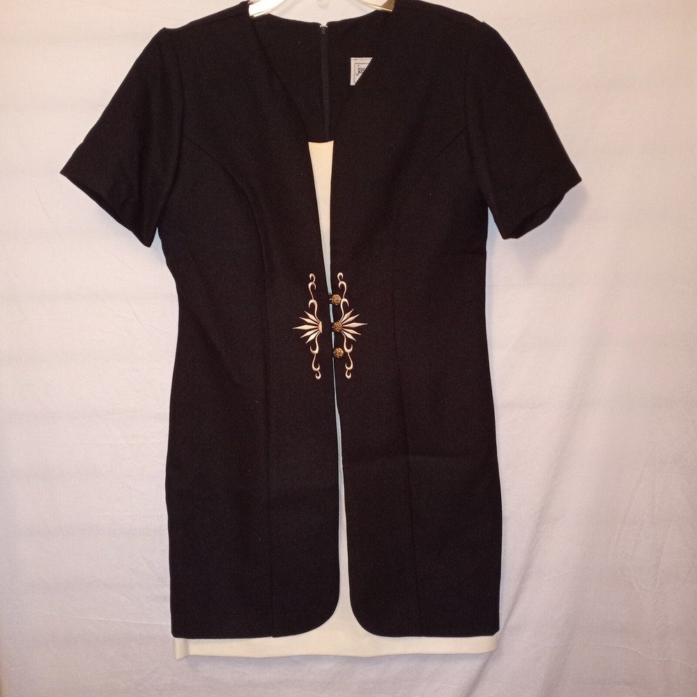 Jason/Cody Dress 8MP Black Cream‎ Gold Embroidery Buttons Layers Shortsleeve